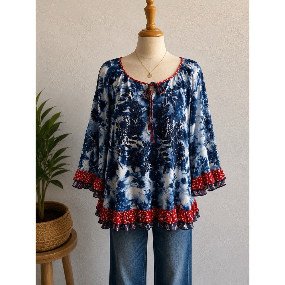 John Mark Boho Embroidered Tunic Top Women's Large Blue Tie Dye Ruffle Peasant